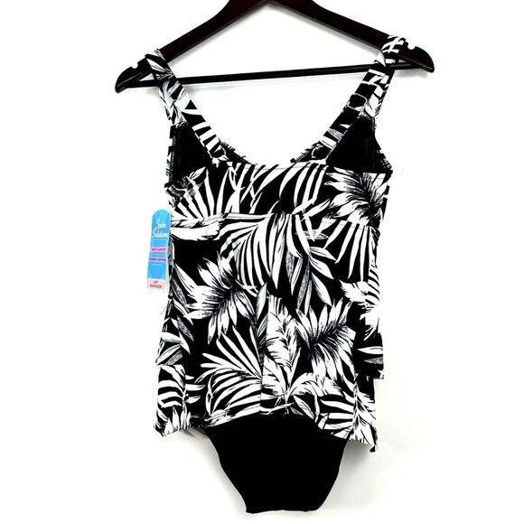 Swim Solutions Feather Bloom Black White Triple Tier One Piece Swimsuit Sz 8 - Picture 9 of 12